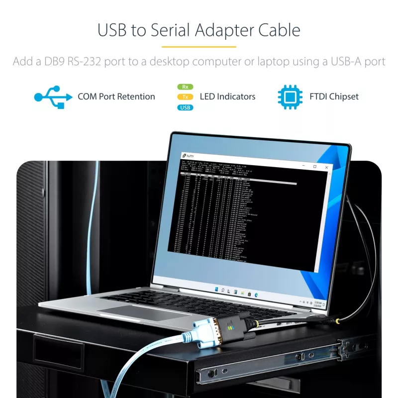 StarTech.com 3 m USB - sarja-sovitinkaapeli, COM-säilytys, vaihdettavat ruuvit/mutterit, USB-A - DB9 RS232, FTDI IC, ESD-suoja, Windows/macOS/Linux