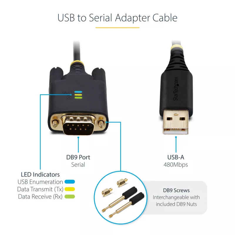 StarTech.com 3 m USB - sarja-sovitinkaapeli, COM-säilytys, vaihdettavat ruuvit/mutterit, USB-A - DB9 RS232, FTDI IC, ESD-suoja, Windows/macOS/Linux