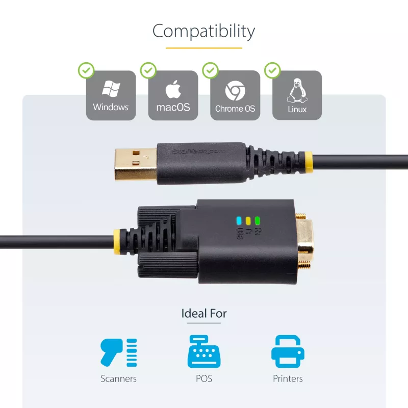 StarTech.com 3 m USB - sarja-sovitinkaapeli, COM-säilytys, vaihdettavat ruuvit/mutterit, USB-A - DB9 RS232, FTDI IC, ESD-suoja, Windows/macOS/Linux