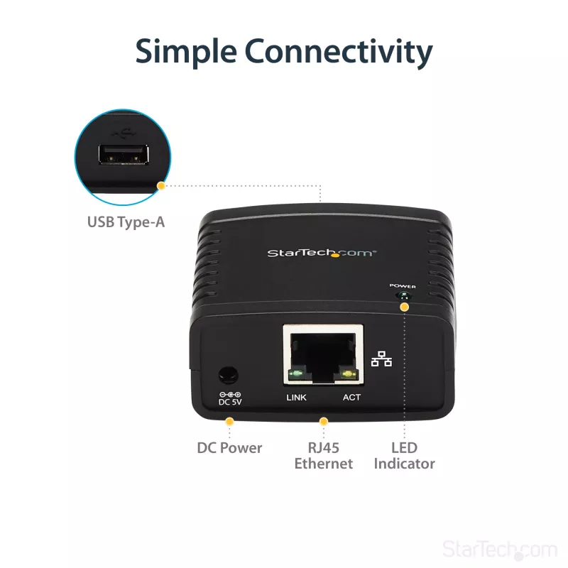 StarTech.com 10/100Mbps Ethernet-USB 2.0 -verkkotulostuspalvelin LPR