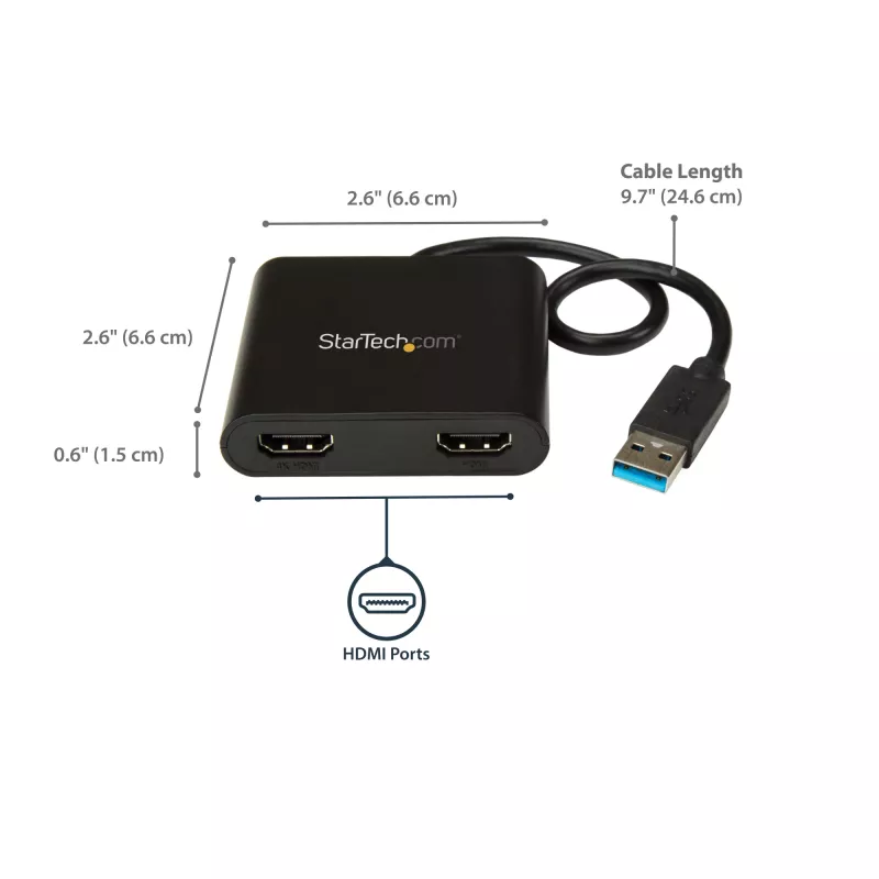 StarTech.com USB 3.0 - Dual HDMI -sovitin, USB-2x HDMI -näyttökonvertteri Windowsille (ei tue macOS/ChromeOS/Linux) - TAA