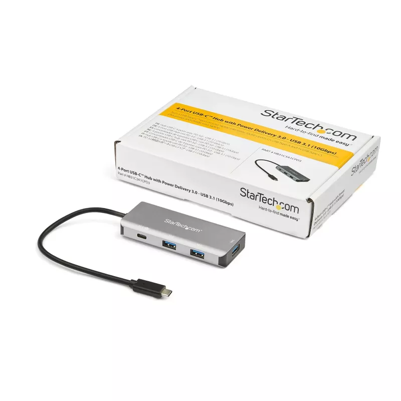 StarTech.com HB31C3A1CPD3 4-porttinen USB-C-hubi, 10 Gbps, 3 x USB-A ja 1 x USB-C, 100 W Power Delivery -läpivienti, 25 cm kaapeli, Thunderbolt 3 -yhteensopiva