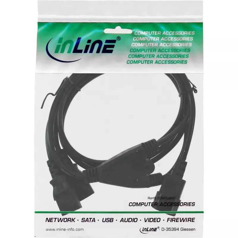 InLine virtakaapeli Y-haara saksalainen tyyppi F 1x IEC-C14 - 2x IEC-C13 1 m
