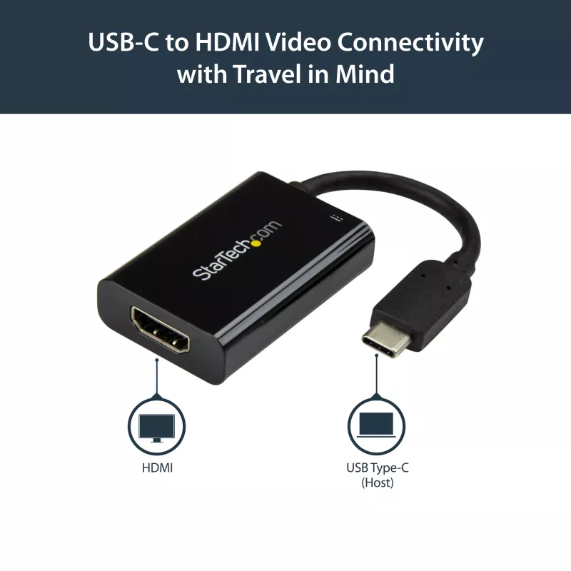 StarTech.com USB-C - HDMI 2.0 -sovitin Power Delivery -toiminnolla - 4K 60Hz USB Type-C - HDMI-näytön videosovitin - 60W PD -läpivientilatausliitäntä - Thunderbolt 3 -yhteensopiva - musta