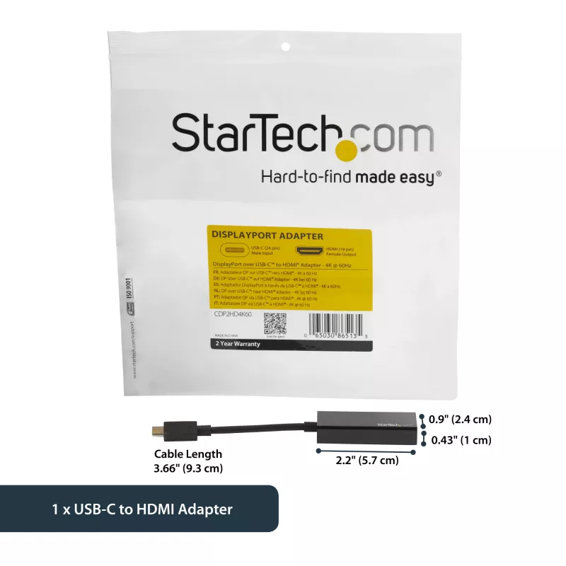 StarTech.com USB-C - HDMI -sovitin – 4K 60 Hz, USB Type-C, HDMI-lähtö, 3840 x 2160 pikseliä