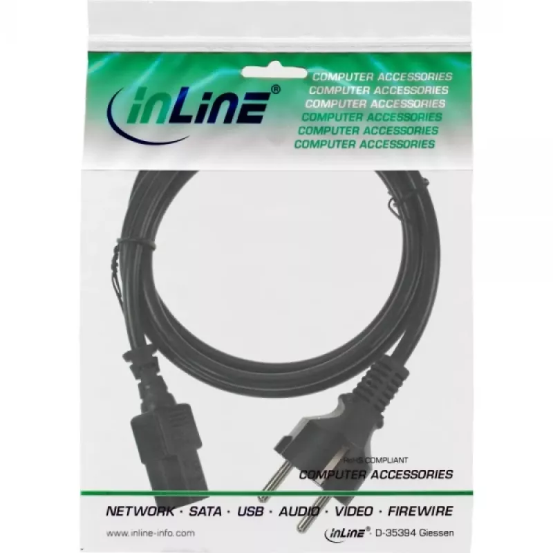 InLine virtajohto, CEE 7/7 suora / 3-napainen IEC C13 -pistoke, musta, 1,5 m