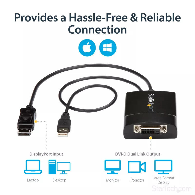StarTech.com DisplayPort-DVI Dual Link -aktiivisovitin - DisplayPort-DVI-D-sovitin videomuunnin 2560x1600 60Hz - DP 1.2 - DVI-näyttö - USB-virtalähde - lukittuva DP-liitin