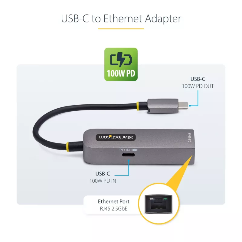 StarTech.com 2.5GbE USB-C – Ethernet-adapteri, 100W PD läpivienti, NBASE-T NIC, USB 3.0 Type-C 2.5/1G moninopeusverkko, Thunderbolt-yhteensopiva, Windows & Mac