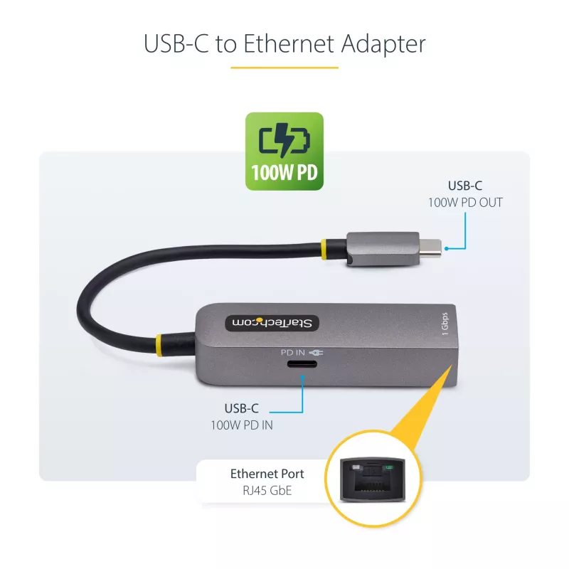 StarTech.com USB-C – Ethernet-adapteri, NIC, 100W PD läpivienti, USB 3.0 Type-C 1 Gbit/s moninopeusverkkoadapteri, Thunderbolt-yhteensopiva, Windows & Mac