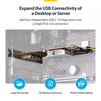 StarTech.com 4-porttinen USB Type-C PCIe -kortti, USB 3.2 10Gbps, USB-C PCI Express -laajennuskortti, 4x riippumaton USB-ohjain, Windows/Linux/macOS, TAA-yhteensopiva