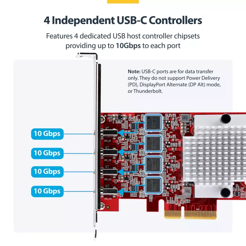 StarTech.com 4-porttinen USB Type-C PCIe -kortti, USB 3.2 10Gbps, USB-C PCI Express -laajennuskortti, 4x riippumaton USB-ohjain, Windows/Linux/macOS, TAA-yhteensopiva