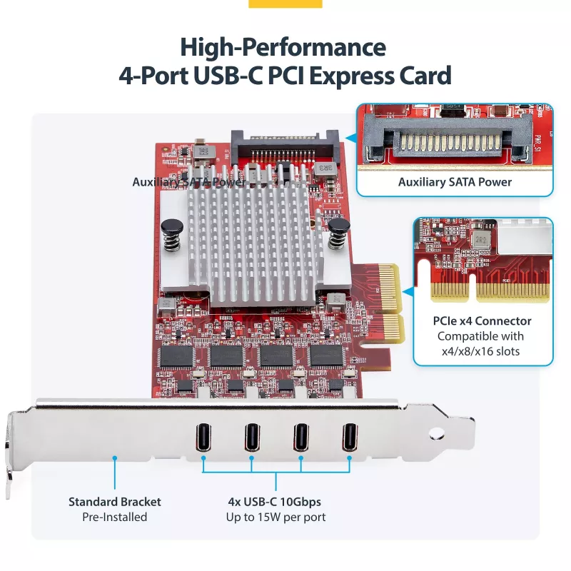 StarTech.com 4-porttinen USB Type-C PCIe -kortti, USB 3.2 10Gbps, USB-C PCI Express -laajennuskortti, 4x riippumaton USB-ohjain, Windows/Linux/macOS, TAA-yhteensopiva