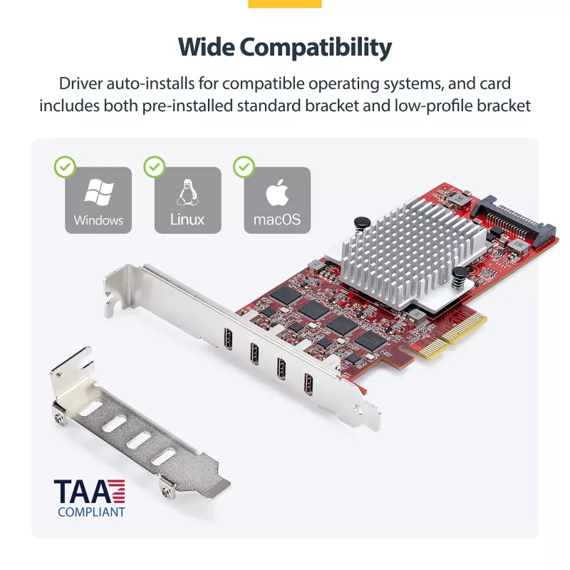 StarTech.com 4-porttinen USB Type-C PCIe -kortti, USB 3.2 10Gbps, USB-C PCI Express -laajennuskortti, 4x riippumaton USB-ohjain, Windows/Linux/macOS, TAA-yhteensopiva