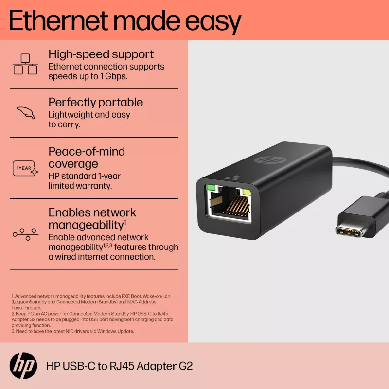HP USB-C - RJ45-adapteri G2, johdollinen, USB Type-C, musta, Kiina, koti, Windows 10, Windows 11