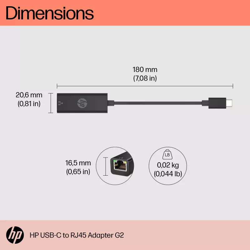 HP USB-C - RJ45-adapteri G2, johdollinen, USB Type-C, musta, Kiina, koti, Windows 10, Windows 11