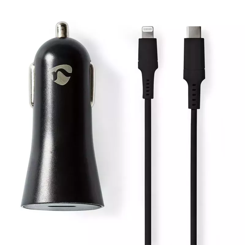 Nedis CCPDL20W111BK autolaturi 20W, 1x USB-C, Lightning 8-pin -kaapeli, musta