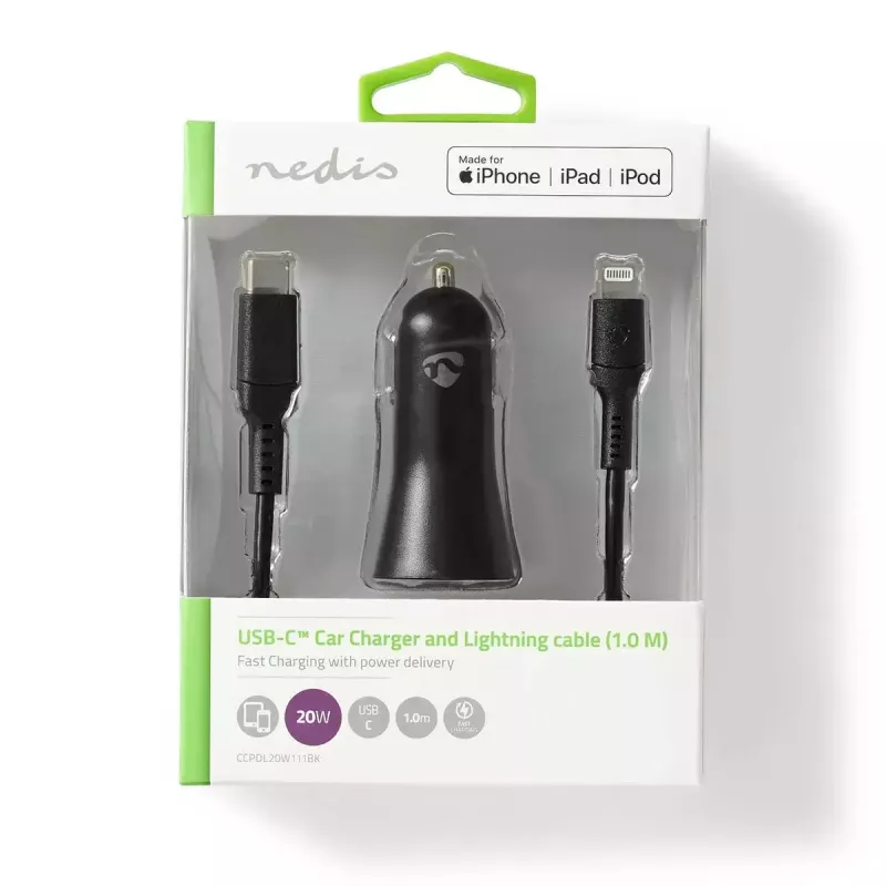 Nedis CCPDL20W111BK autolaturi 20W, 1x USB-C, Lightning 8-pin -kaapeli, musta