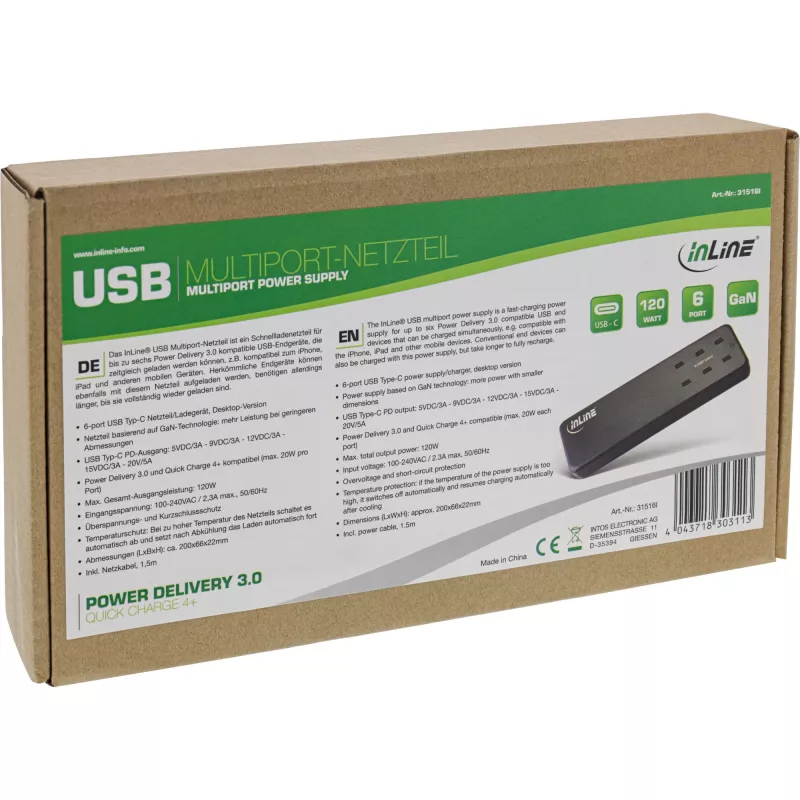 InLine moniporttivirtalähde, laturi, 6x USB-C, PD 3.0, GaN, musta
