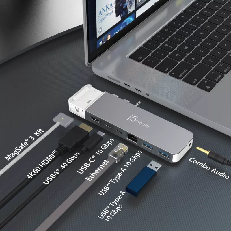 USB-keskitin j5create JCD395 4K60 Elite Pro johdollinen USB4 MagSafe-sarjalla