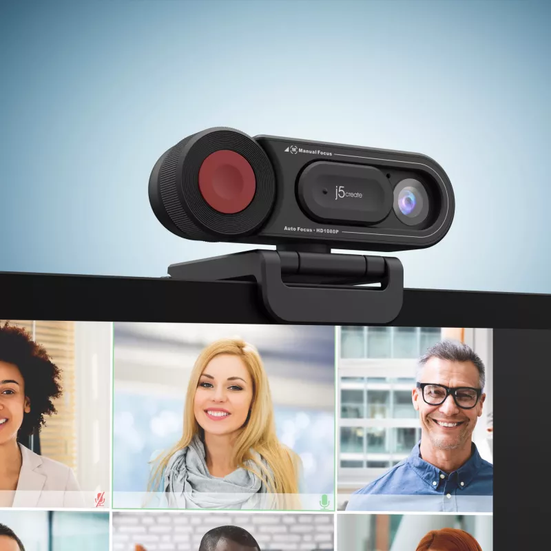 j5create JVU250 HD-verkkokamera automaatti- ja manuaalitarkennuskytkimellä