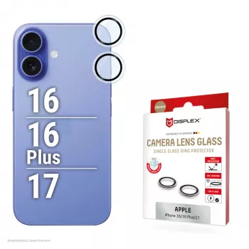 Displex Premium kameralinssin lasi, iPhone 16/16 Plus/17 lasi, 10H, Single Rings, DLC, läpinäkyvä, Quick Mount