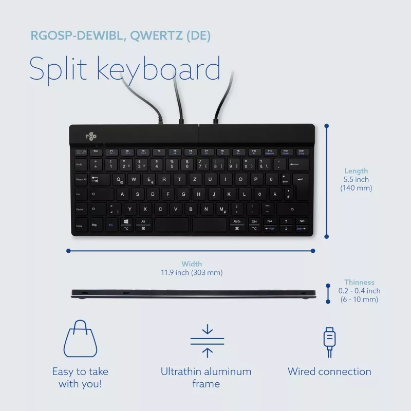 R-Go Tools Ergonomic näppäimistö R-Go Split Break v2 with break software, ergonominen jaettu näppäimistö, QWERTZ (DE), Wired, musta