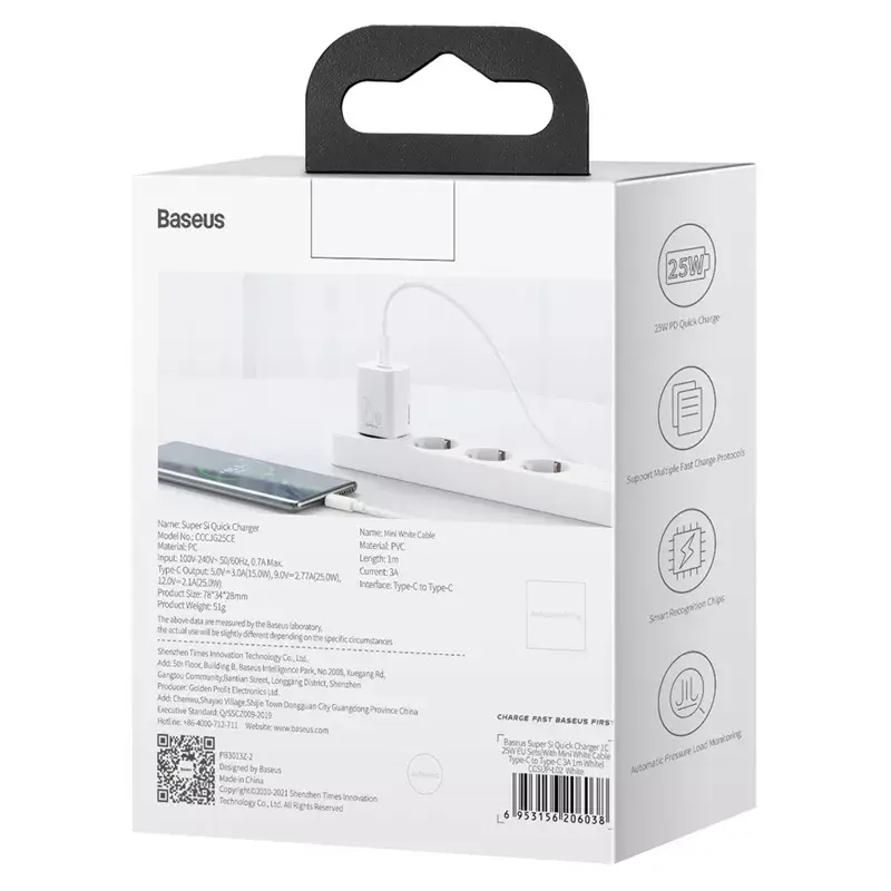 Baseus Super Si sisälaturi valkoinen pikalataus 12V 1xUSB-C