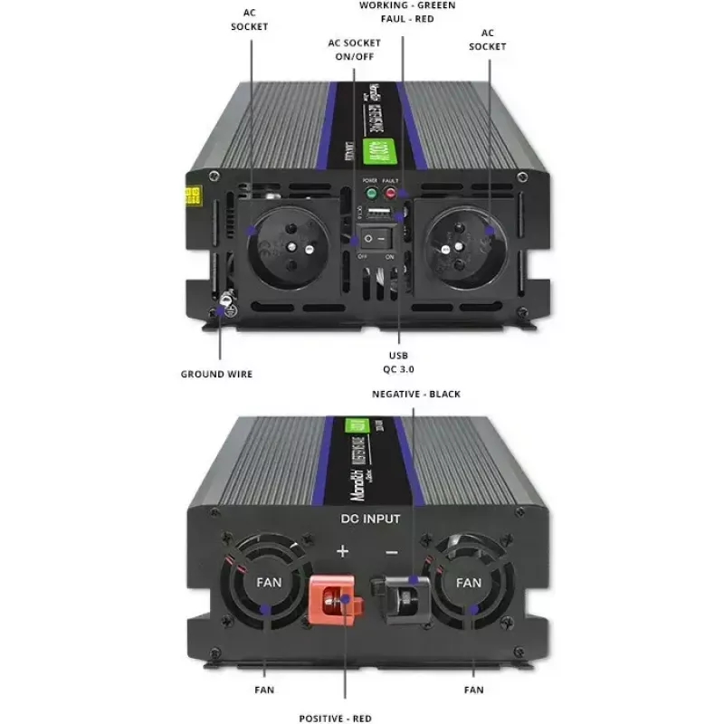 Jännitemuunnin QOLTEC Monolith 4000 MS Wave 12V – 230V 2000/4000W USB:lla