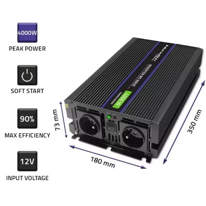 Jännitemuunnin QOLTEC Monolith 4000 MS Wave 12V – 230V 2000/4000W USB:lla