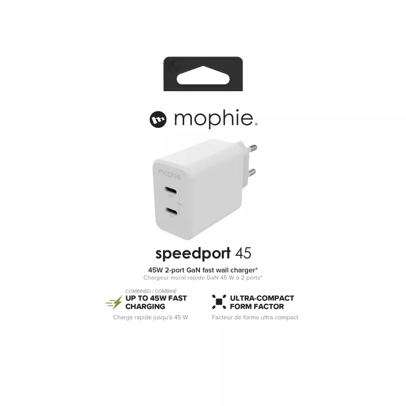 mophie-lisävaruste, verkkosovitin – USB-C-PD-DUAL-45W-GAN – valkoinen – EU (2x USB-C)