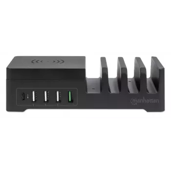 Manhattan latausasema irrotettavalla langattomalla latausalustalla, 1x langaton, 1x USB-C ja 4x USB-A liitännät, langaton lähtöteho: 2 A, USB-C lähtöteho: 3 A, USB-A lähdöt: 1x 3 A ja 3x max. 2,4 A, kaapeli 1 m, musta (virtajohto: euro-pistoke 2-napainen C7-laiteliittimeen)