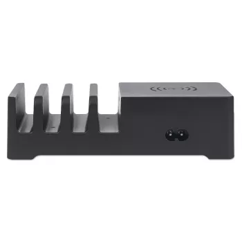 Manhattan latausasema irrotettavalla langattomalla latausalustalla, 1x langaton, 1x USB-C ja 4x USB-A liitännät, langaton lähtöteho: 2 A, USB-C lähtöteho: 3 A, USB-A lähdöt: 1x 3 A ja 3x max. 2,4 A, kaapeli 1 m, musta (virtajohto: euro-pistoke 2-napainen C7-laiteliittimeen)