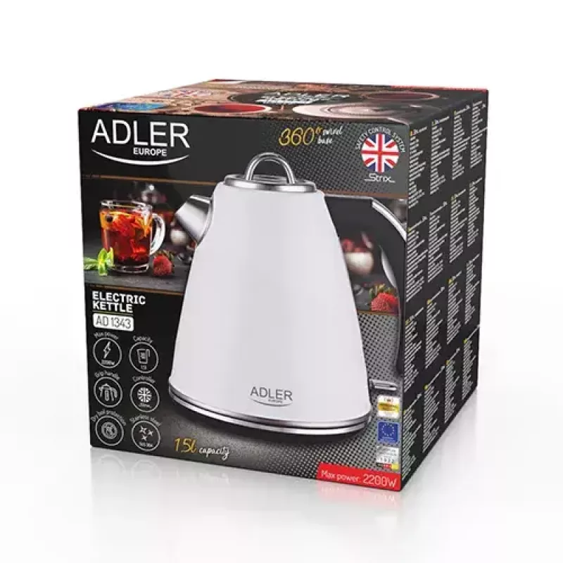 Adler AD 1343 sähkökattila, 1,5 l, 1850 W, ruostumaton teräs, Strix, valkoinen