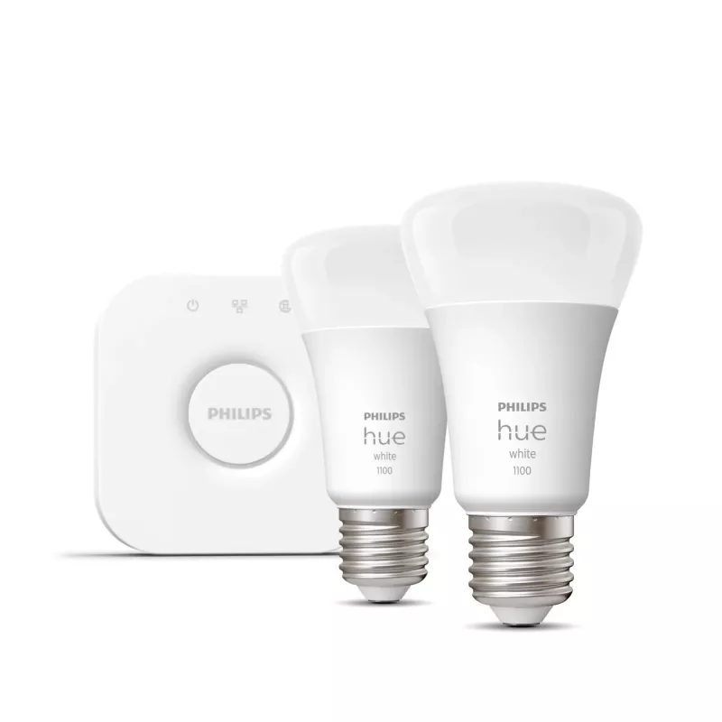 Philips Hue White aloituspaketti: 2 E27 älylamppua (1100), älyvalaistussarja, Bluetooth/Zigbee, valkoinen, LED, E27, A60