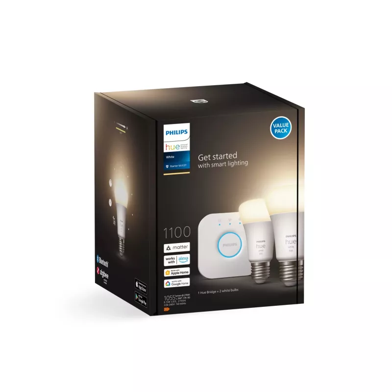 Philips Hue White aloituspaketti: 2 E27 älylamppua (1100), älyvalaistussarja, Bluetooth/Zigbee, valkoinen, LED, E27, A60