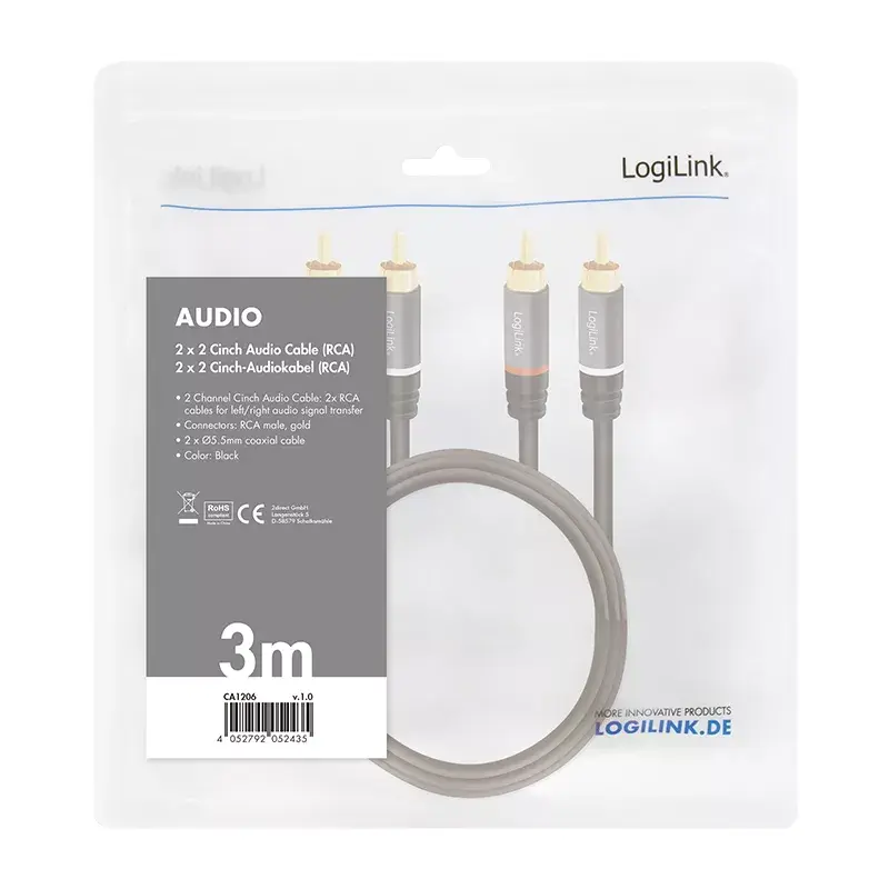 Audiokaapeli LogiLink CA1206 3 m 2xCinch uros musta