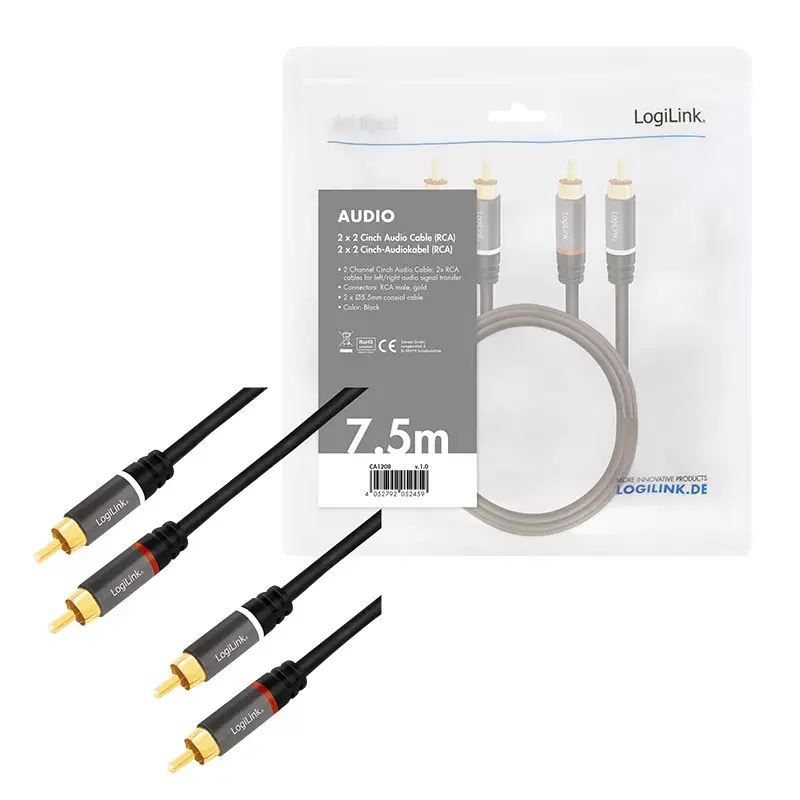 Audiokaapeli LogiLink CA1208 7,5 m 2 x Cinch musta