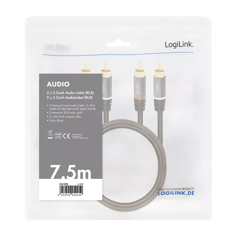 Audiokaapeli LogiLink CA1208 7,5 m 2 x Cinch musta