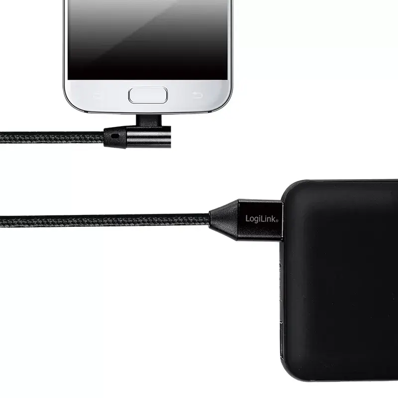 LogiLink CU0142 USB 2.0 -kaapeli, USB-A – Micro-USB B (kulmaliitin 90°), punottu, 1 m, musta