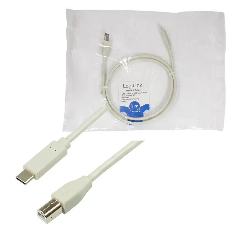 LogiLink CU0160 USB 2.0 -kaapeli USB-C – USB-B, 1 m, harmaa
