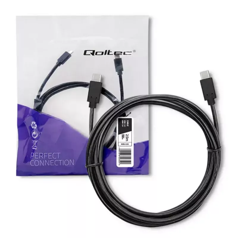 Qoltec 52352 USB-C – USB-C -kaapeli, USB 3.1, 5 Gbit/s, 2,5 m, musta