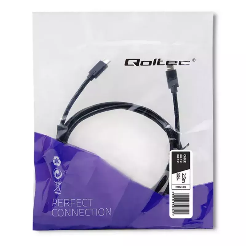 Qoltec 52352 USB-C – USB-C -kaapeli, USB 3.1, 5 Gbit/s, 2,5 m, musta