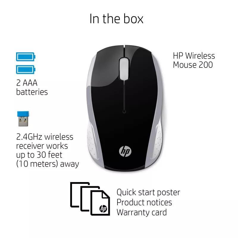 HP Wireless hiiri 200 (Pike Silver), molempikätinen, optinen, RF langaton, 1000 DPI, hopea