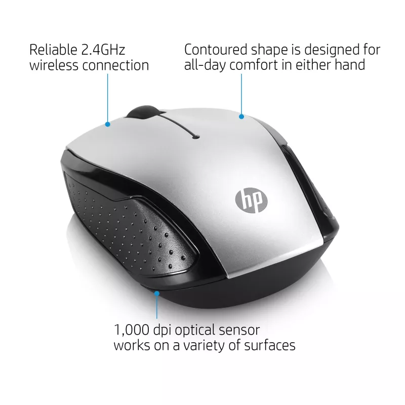 HP Wireless hiiri 200 (Pike Silver), molempikätinen, optinen, RF langaton, 1000 DPI, hopea