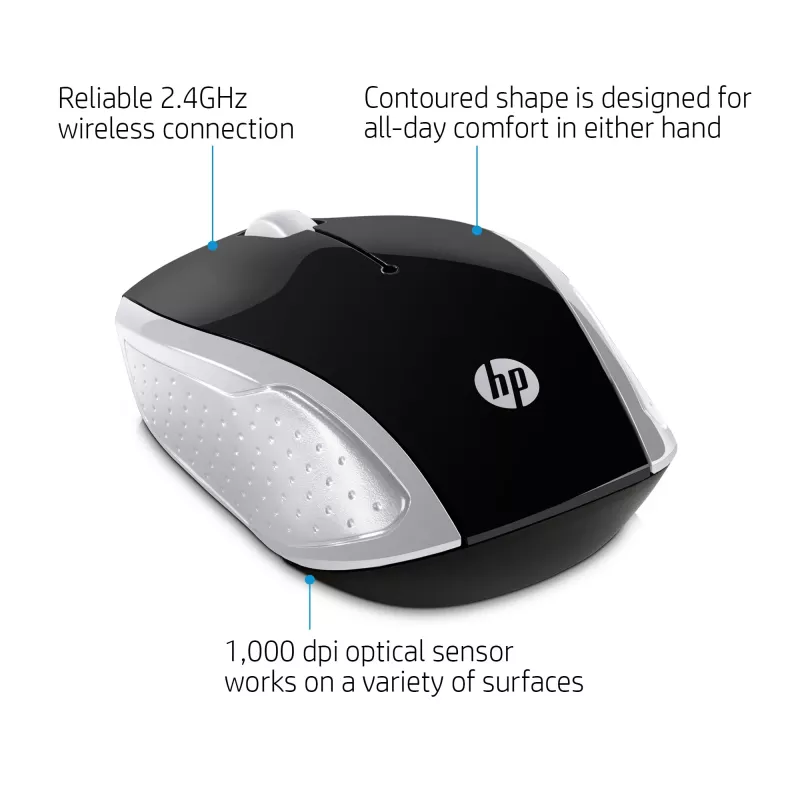 HP Wireless hiiri 200 (Pike Silver), molempikätinen, optinen, RF langaton, 1000 DPI, hopea