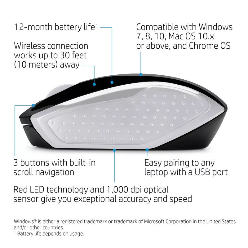 HP Wireless hiiri 200 (Pike Silver), molempikätinen, optinen, RF langaton, 1000 DPI, hopea
