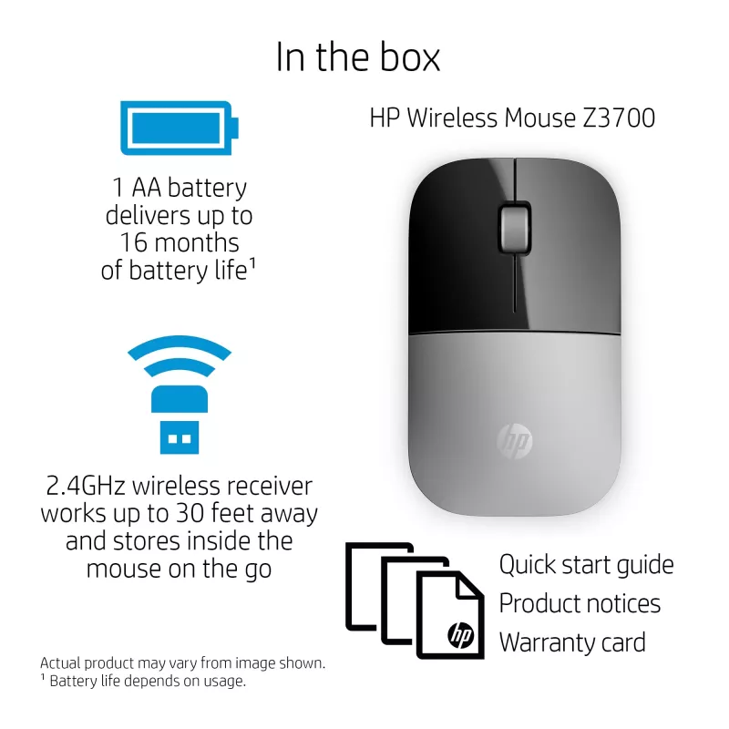 HP Z3700 hopeinen langaton hiiri, molempikätinen, optinen, RF langaton, 1200 DPI, hopea