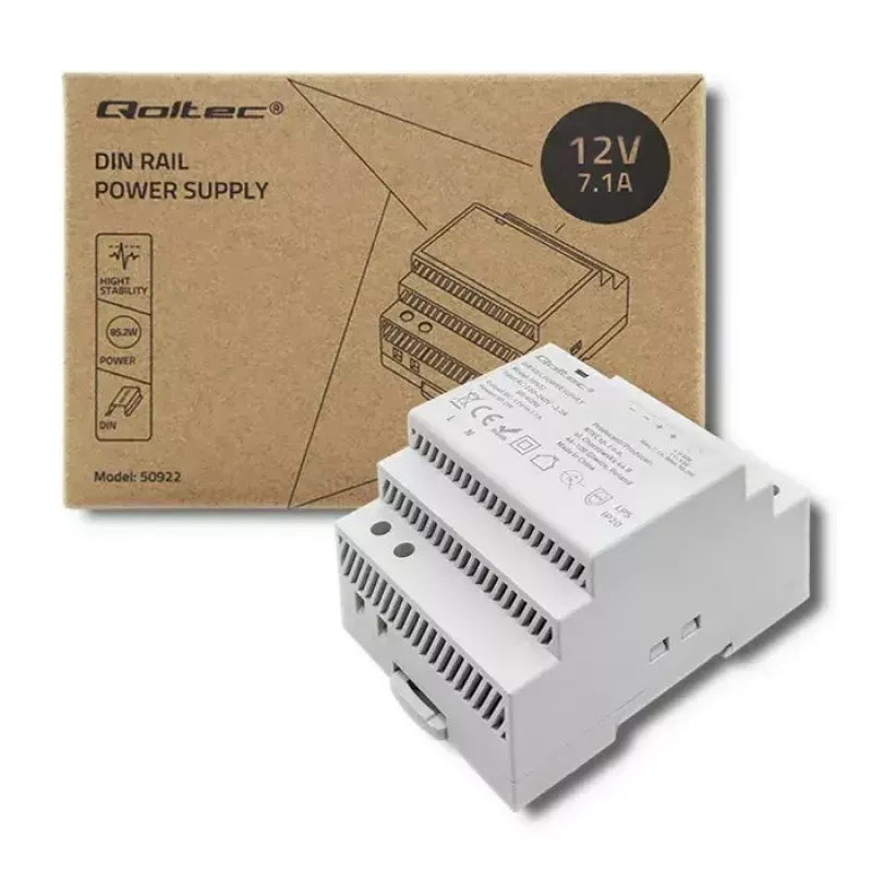 DIN-kiskovirtalähde QOLTEC 50922 – 12 V 7,1 A lähtö, 85,2 W