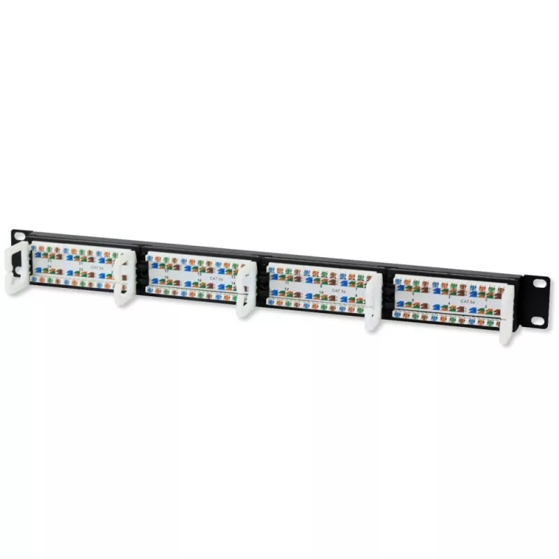 Techly 022861 I-PP 24-RU-C5ET 19 tuuman kytkentäpaneeli, 24 porttia Cat5e UTP, 1U, musta