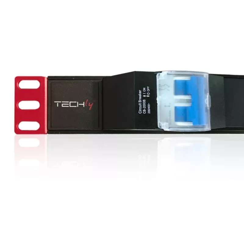 Techly 100471 19 tuuman 1U Rack PDU -jakorasia, 6x Schuko, 250 V/16 A, 3 m kaapeli, kaksoiskytkin, musta